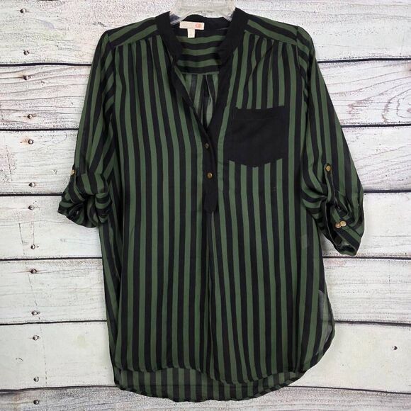 GB Green Black Striped Roll Tab Blouse Sheeer Size L - Picture 1 of 7